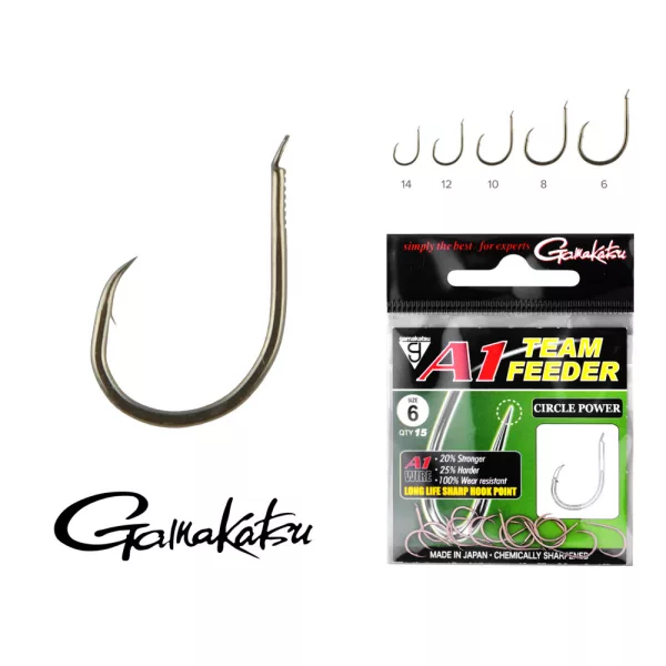 Gamakatsu A1 Team Feeder Circle Power Čierna 10 15ks/balenie Feederový háčik s lopatkou a protihrotom