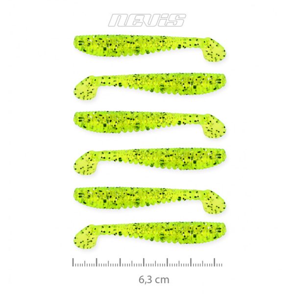 Nevis Impulse Shad 6,3cm 1,77gr 6ks/bal Fluo Zelená Trblietka Plastová nástraha