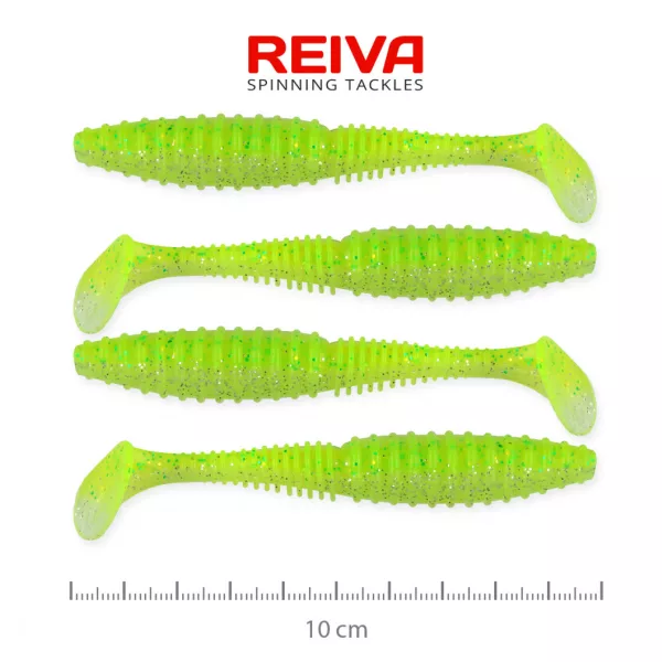 Reiva Zander Power Shad 10cm 7,05g 4ks/bal (Fluo Zelená Trblietka I.) Plastová nástraha