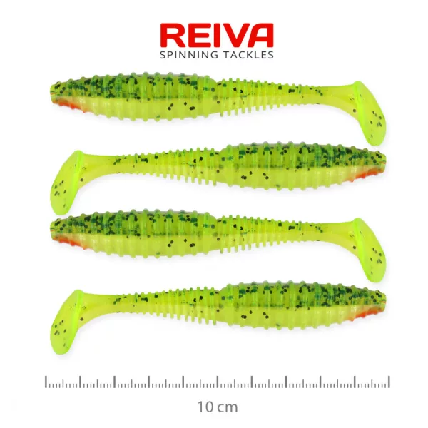 Reiva Zander Power Shad 10cm 7,05g 4ks/bal (Zeleno-Oranžová Trblietka) Plastová nástraha