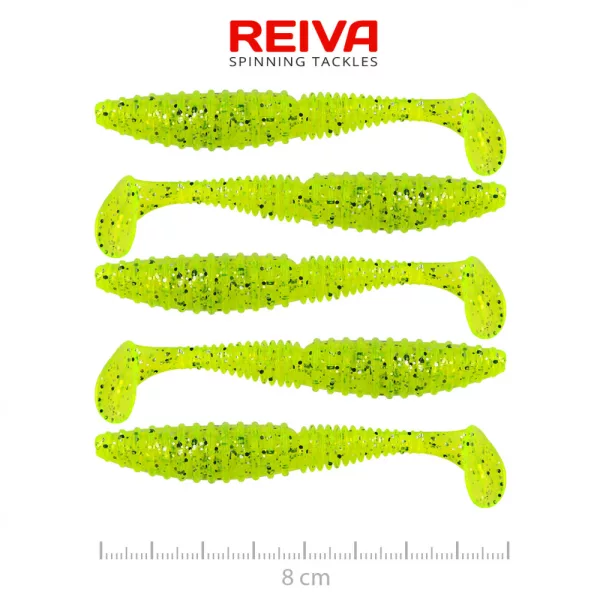 Reiva Zander Power Shad 8cm 3,18g 5ks/bal (Fluo Zelená Trblietka II.) Plastová nástraha