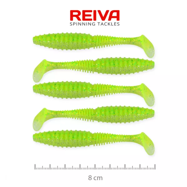 Reiva Zander Power Shad 8cm 3,18g 5ks/bal (Fluo Zelená Trblietka I.) Plastová nástraha