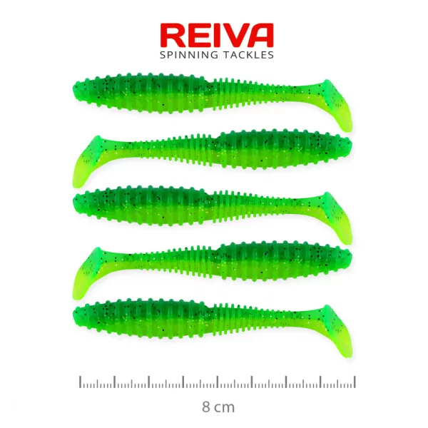 Reiva Zander Power Shad 8cm 3,18g 5ks/bal (Zelená Trblietka) Plastová nástraha