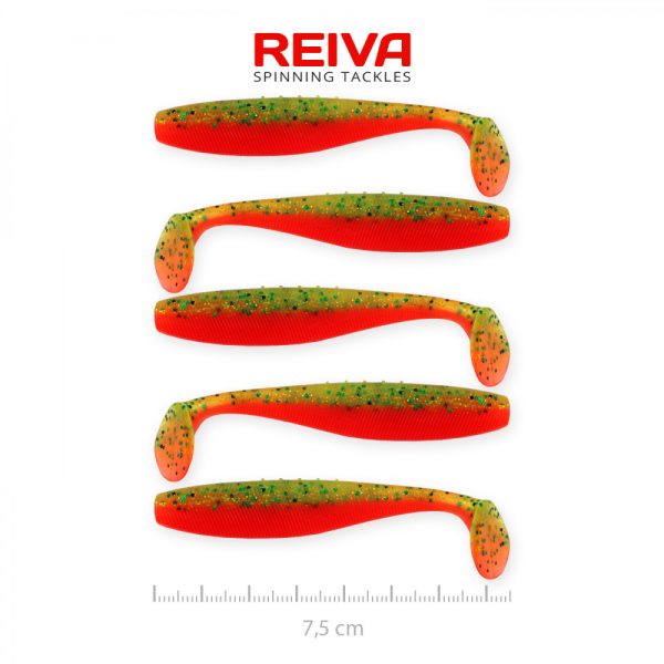 Reiva Flat Minnow shad 7,5cm 5ks/bal (Zeleno-oranžový trblietavý) Plastová nástraha