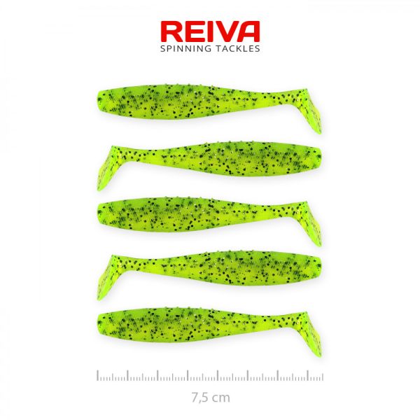 Reiva Flat Minnow shad 7,5cm 5ks/bal (Zelený trblietavý) Plastová nástraha