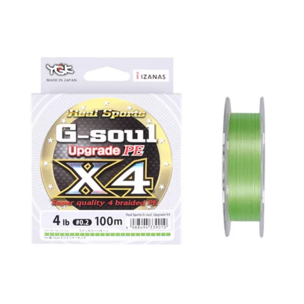 YGK G-soul X4 Upgrade PE - PE0,2(~0,074mm) 150m 4-vláknová pletená, fluo zelená farba Pletená šnúra