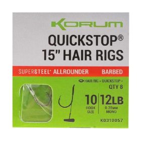   Korum 38cm Big Fish Hair Rigs W Quickstops Size 10 Monofilový predviazaný háčik s očkom a protihrotom