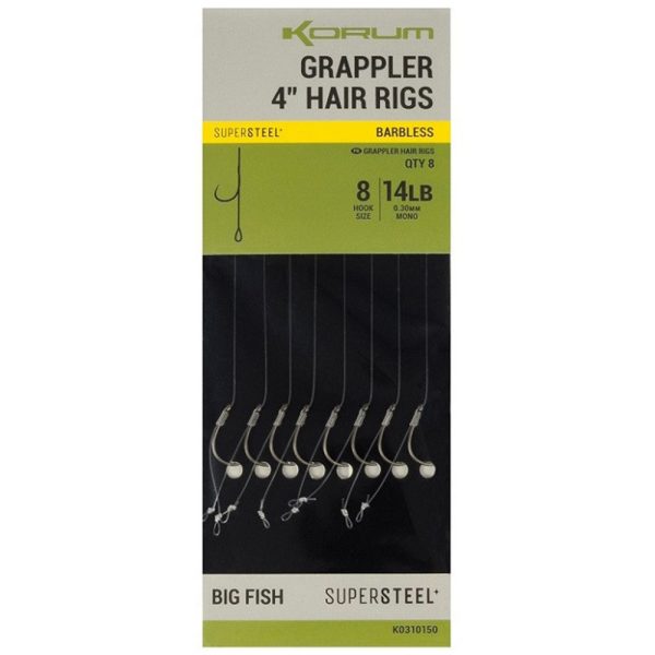 Korum Grappler Hair Rigs 10cm 14 bez protihrotu, s očkom, monofilový, viazaný háčik 8ks