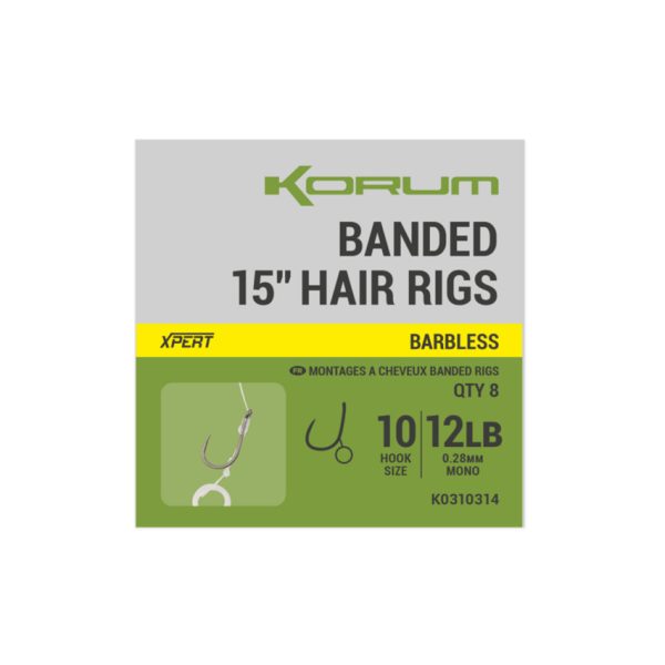 Korum Banded Hair Rigs 10 Barbless Bezhrotý, Očkovaný Monofilný Predviazaný Hák 8ks