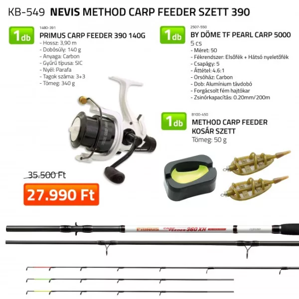Nevis Primus Carp Feeder 390 140gr Prút s navijakom By Döme TF Pearl Carp 5000 s Method Kaprovým Feeder Košíkom (setom)