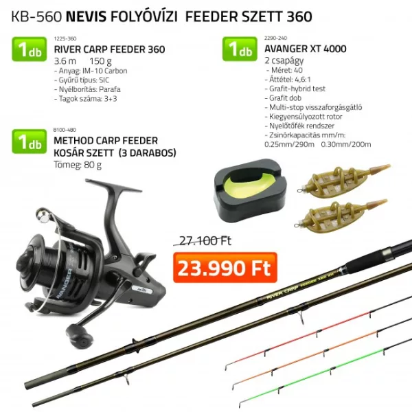 Nevis River Carp Feeder 360 Prút s navijakom Avanger XT 4000 s Method Kaprovým Feeder Košíkom (3-dielny set) Rybársky Set