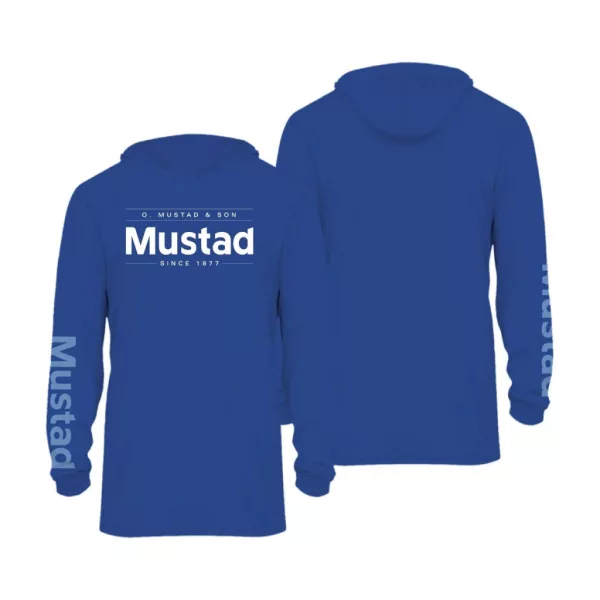 Mustad Modrý Brand Longsleeve UV With Hood 3XL Tričko s dlhým rukávom s kapucňou