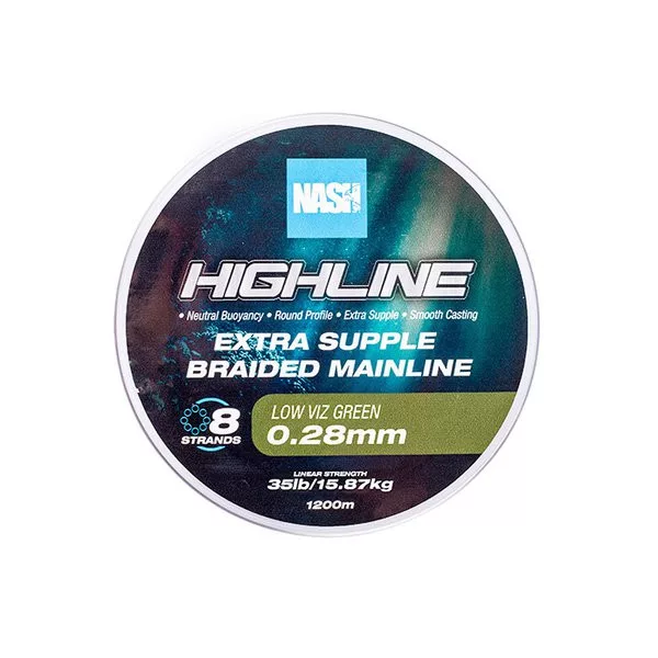 Nash Highline Extra Supple Low Víz Green 0.28mm 1200m Pletená hlavná šnúra