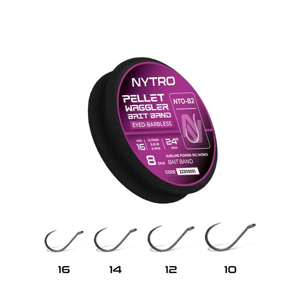 Nytro NTO-B2 Pellet Waggler 14 0,19mm 61cm Előkötött Füles, Szakáll Nélküli Csaligyűrűs Horog 8db